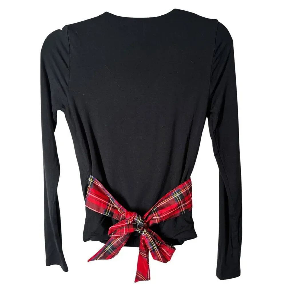 J. Crew Form Knit Long Sleeve Wrap Top Black with Plaid‎ Waist Tie XS Holiday